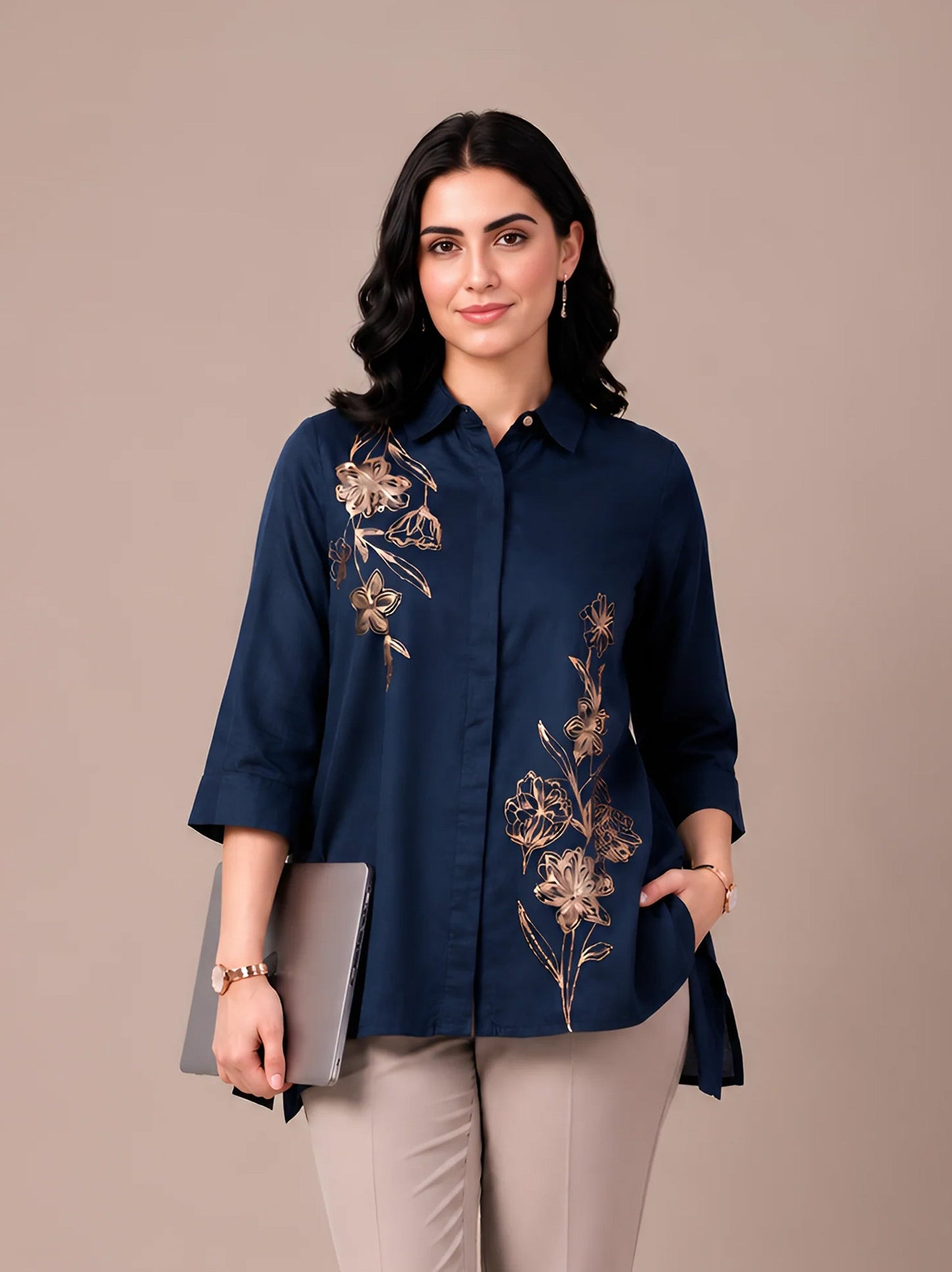 Navy Blue Modal Satin Embroidered Short Kurti