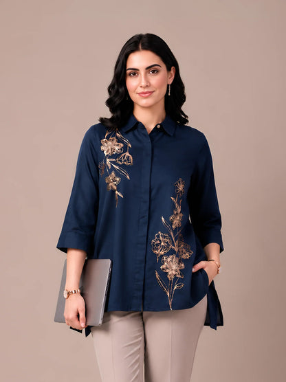 Navy Blue Modal Satin Embroidered Short Kurti