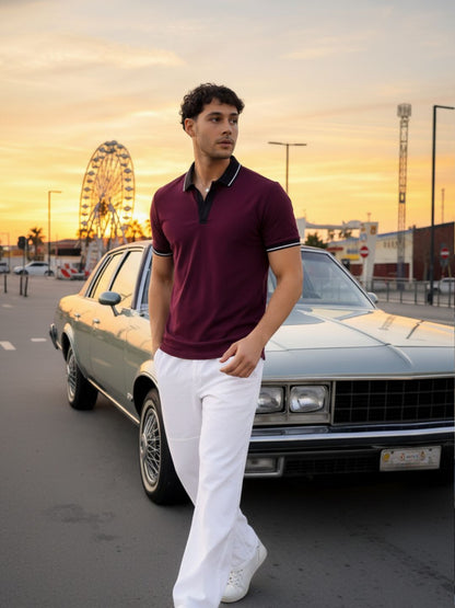 Men Solid Wine Tipping Collar Regular Fit Half Sleeve Cotton T-Shirt