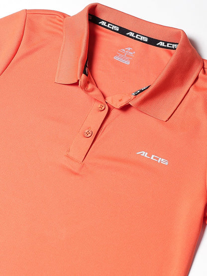 Alcis Women Orange Solid Polo Collar Sports T-shirt