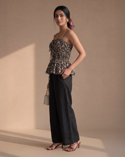 Black Floral Gather Top