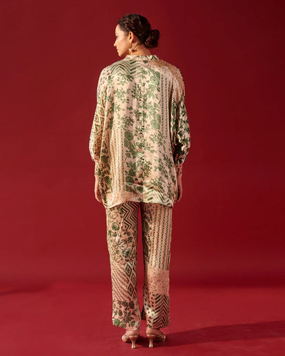 Ivory Green Print Platter Shirt Set