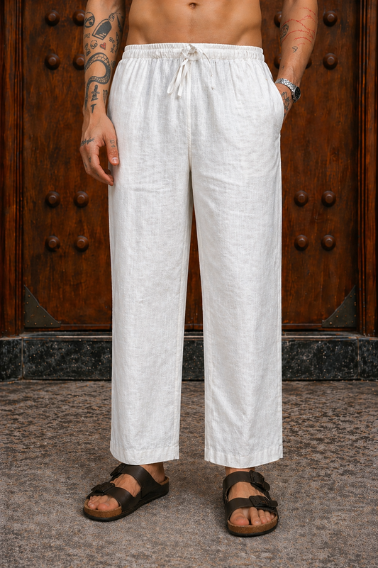 Menâ€™s White Linen Loose Fit Pajama