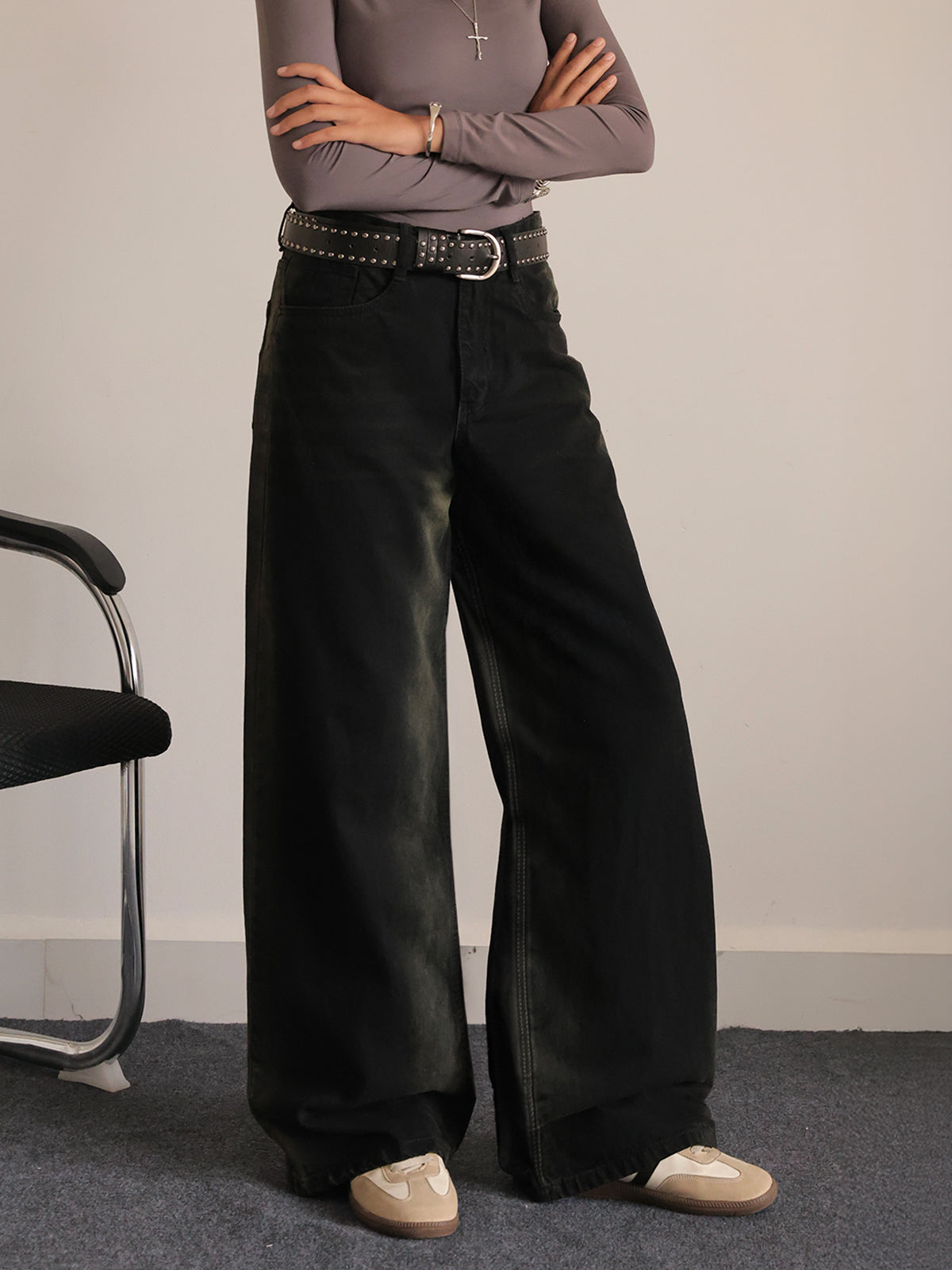 Rustic Black Ombre Washed Wide Leg Jeans