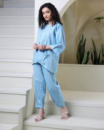 Sky Blue Cotton Jacket Co-ord Set