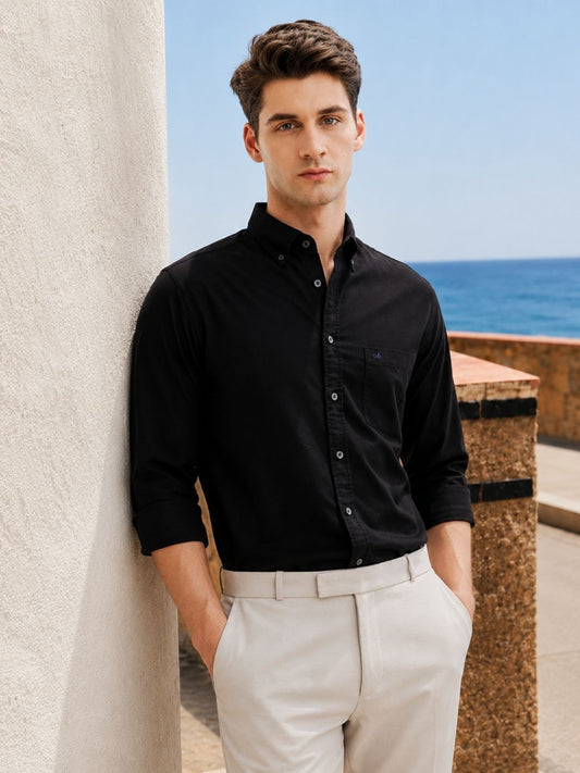 Aldeno Men Solid Casual Black Shirt