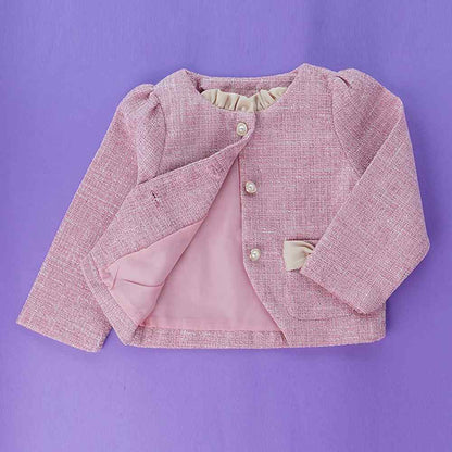 Pink Dual Bow Tweed style 2 pcs, Skirt and Top Winterwear set for Girls