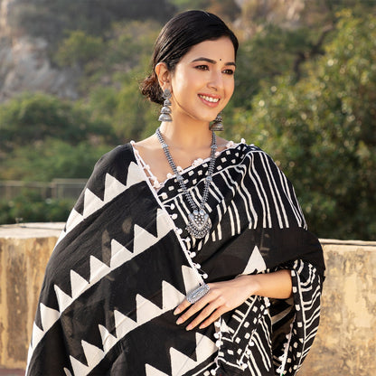 Black Geometrical Cotton Saree