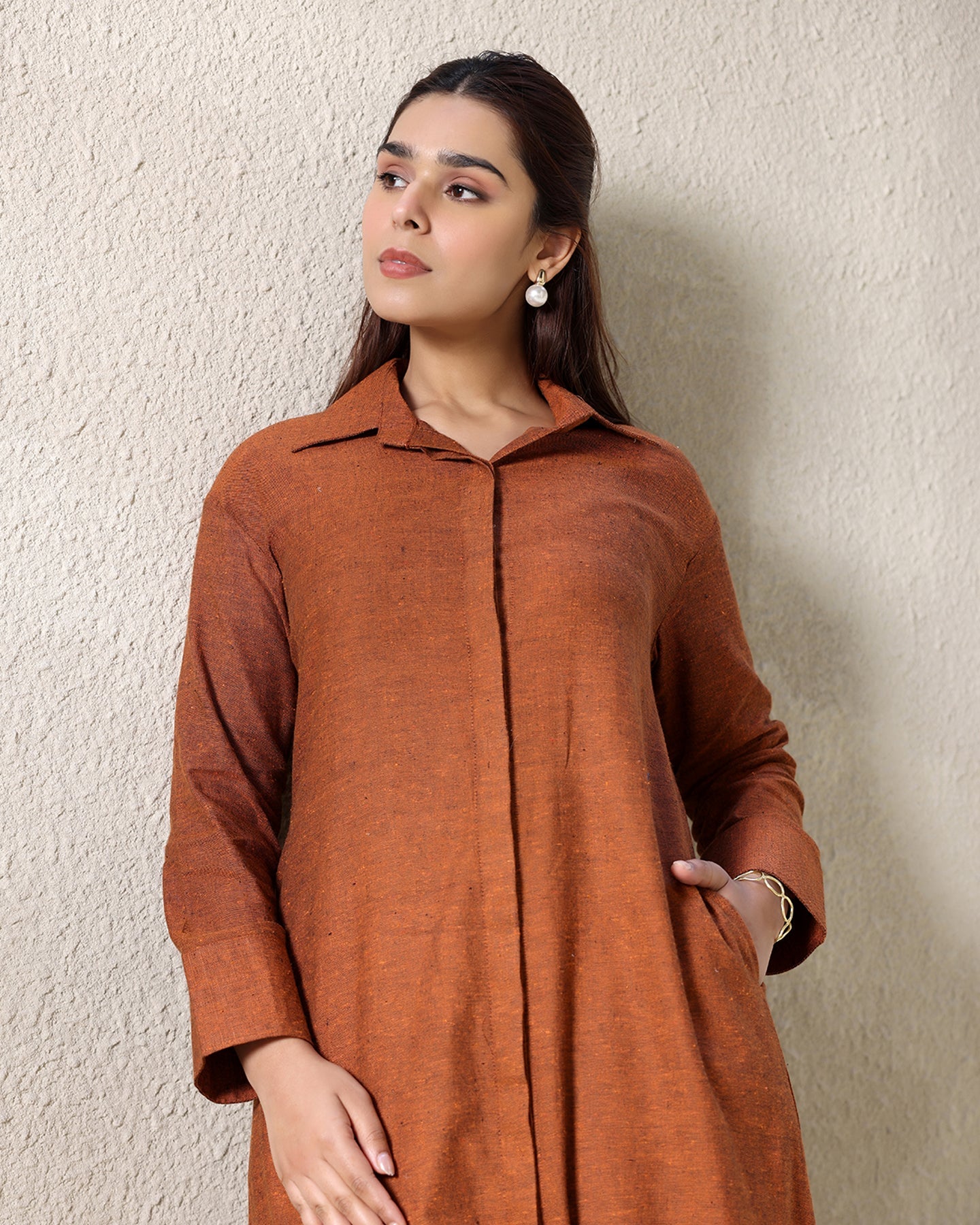 A-line Collar Brown Kurta Set