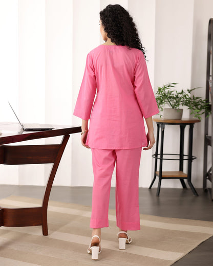 V-Neck Pink Cotton Co-ord Set
