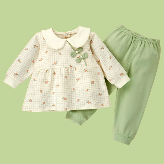2pcs Light Green Little Florals and Bows Long Frock style Top with matching full Pan