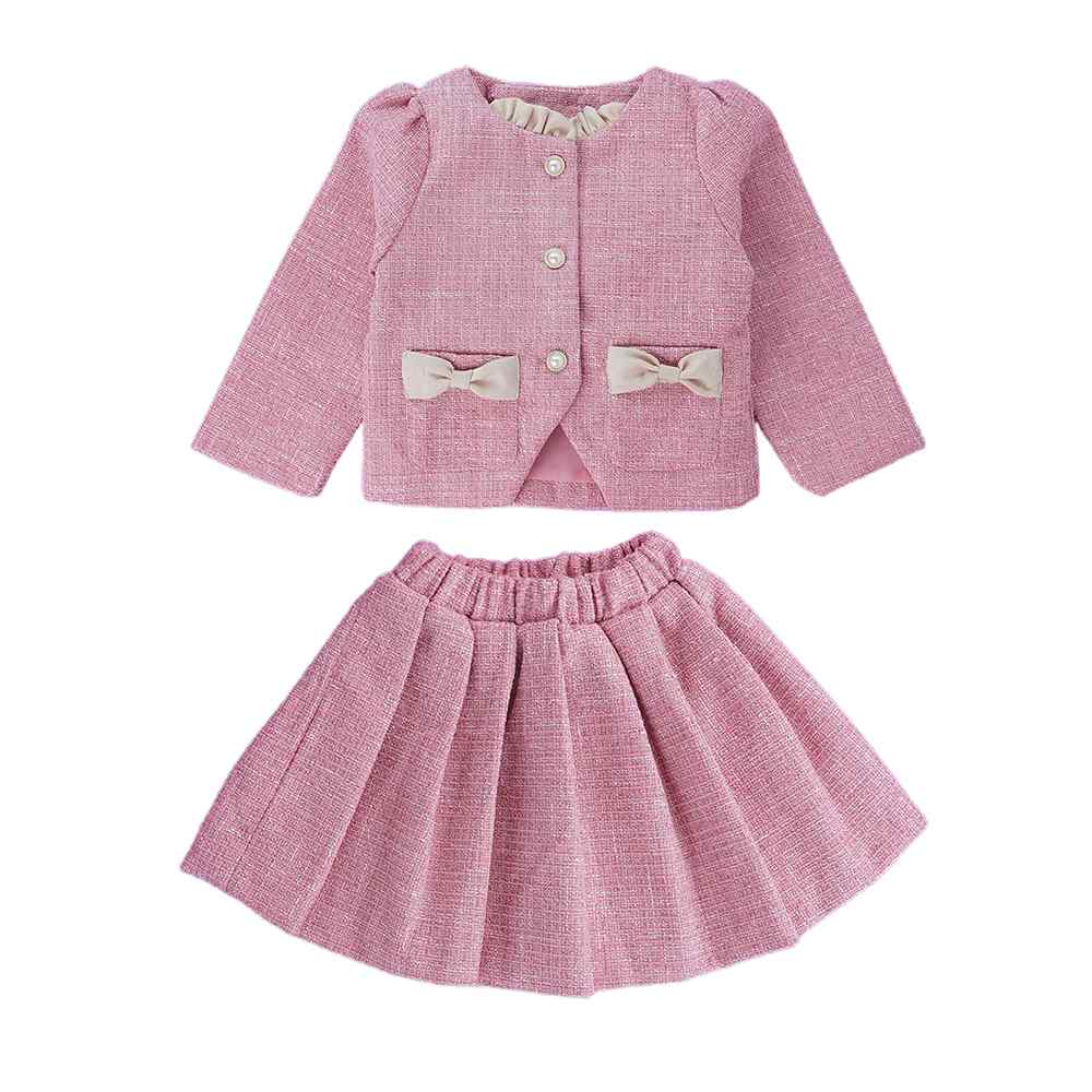 Pink Dual Bow Tweed style 2 pcs, Skirt and Top Winterwear set for Girls