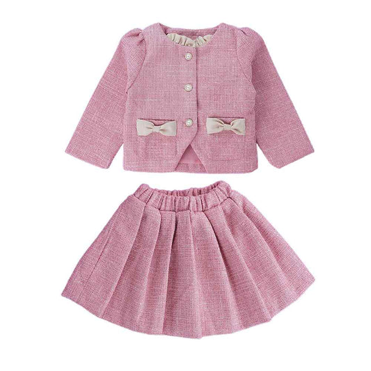 Pink Dual Bow Tweed style 2 pcs, Skirt and Top Winterwear set for Girls