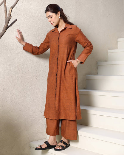 A-line Collar Brown Kurta Set
