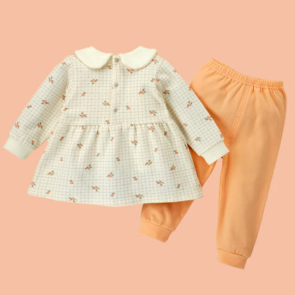 2pcs Light Peach Little Florals and Bows Long Frock style Top with matching full Pants
