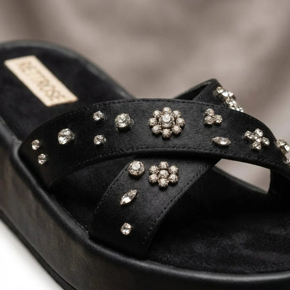 The Giana Black Luxury Cross Over Embellished Slides Rettrose