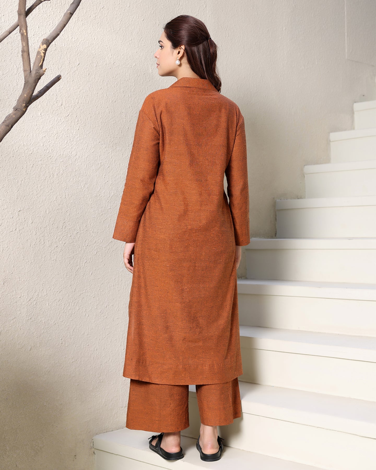 A-line Collar Brown Kurta Set
