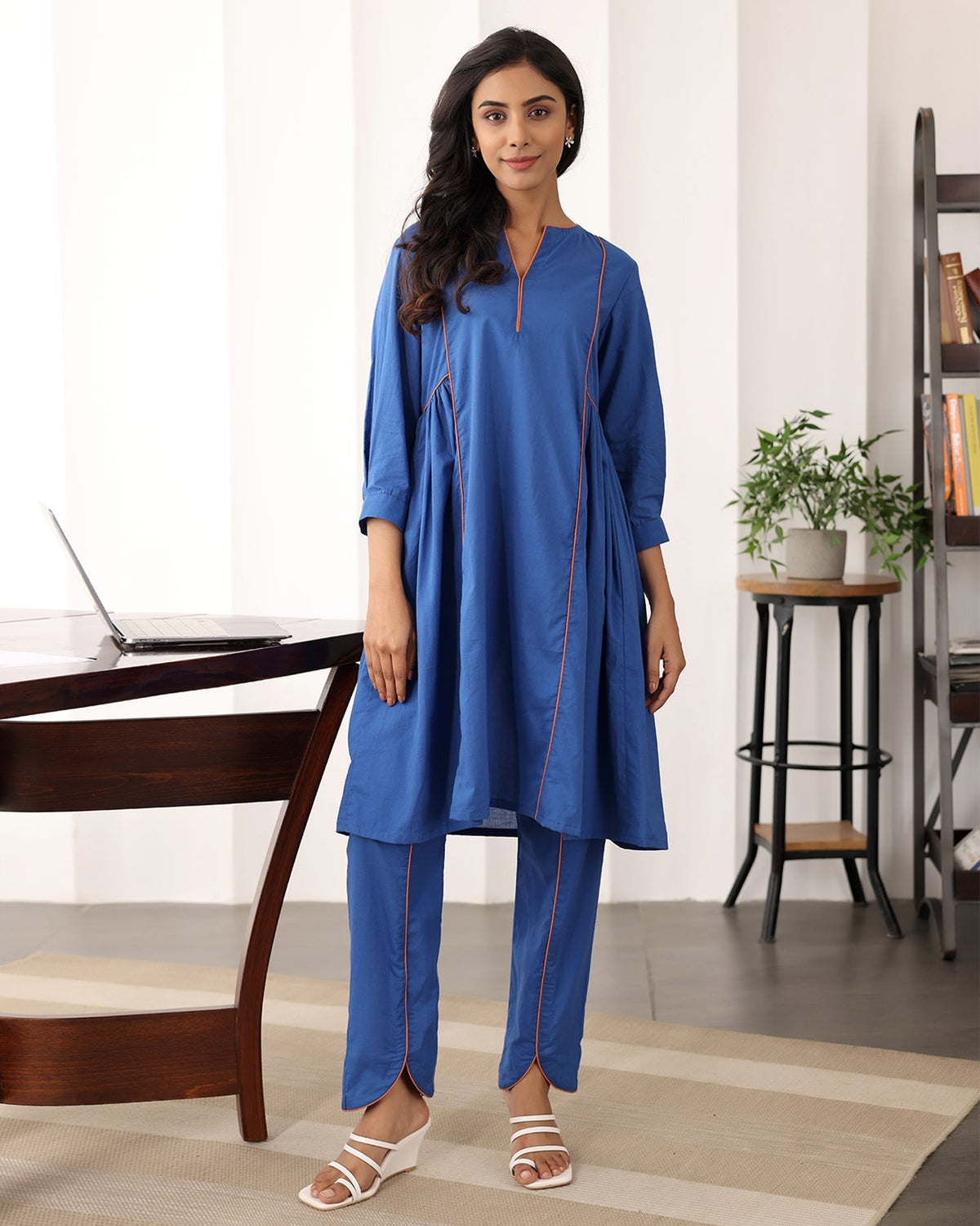 A-line Collar Blue Kurta Set