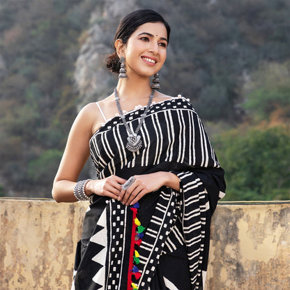 Black Geometrical Cotton Saree