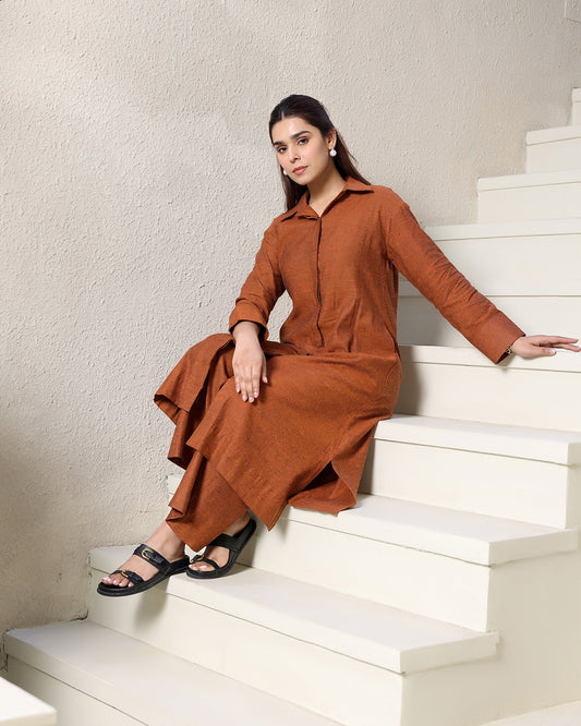 A-line Collar Brown Kurta Set