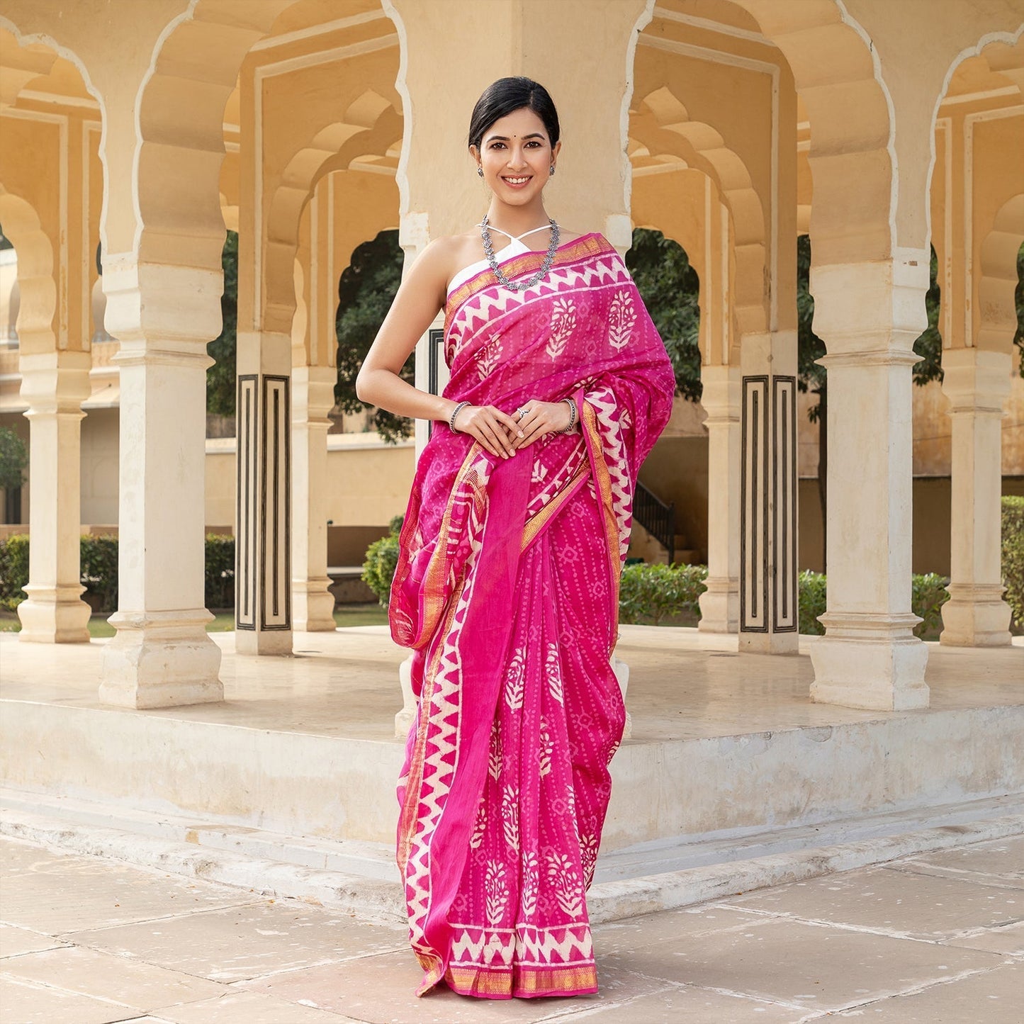 Pink Bagru Chanderi Saree