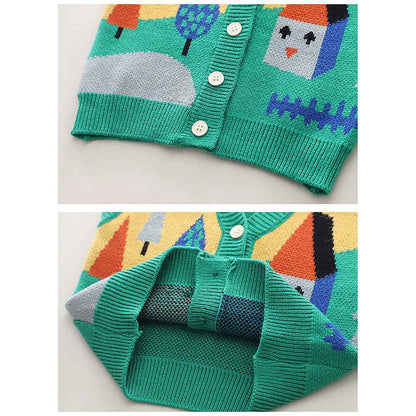3pcs Green Village Theme Cardigan, Shirt and matching Pants set for Toddlers and Kids