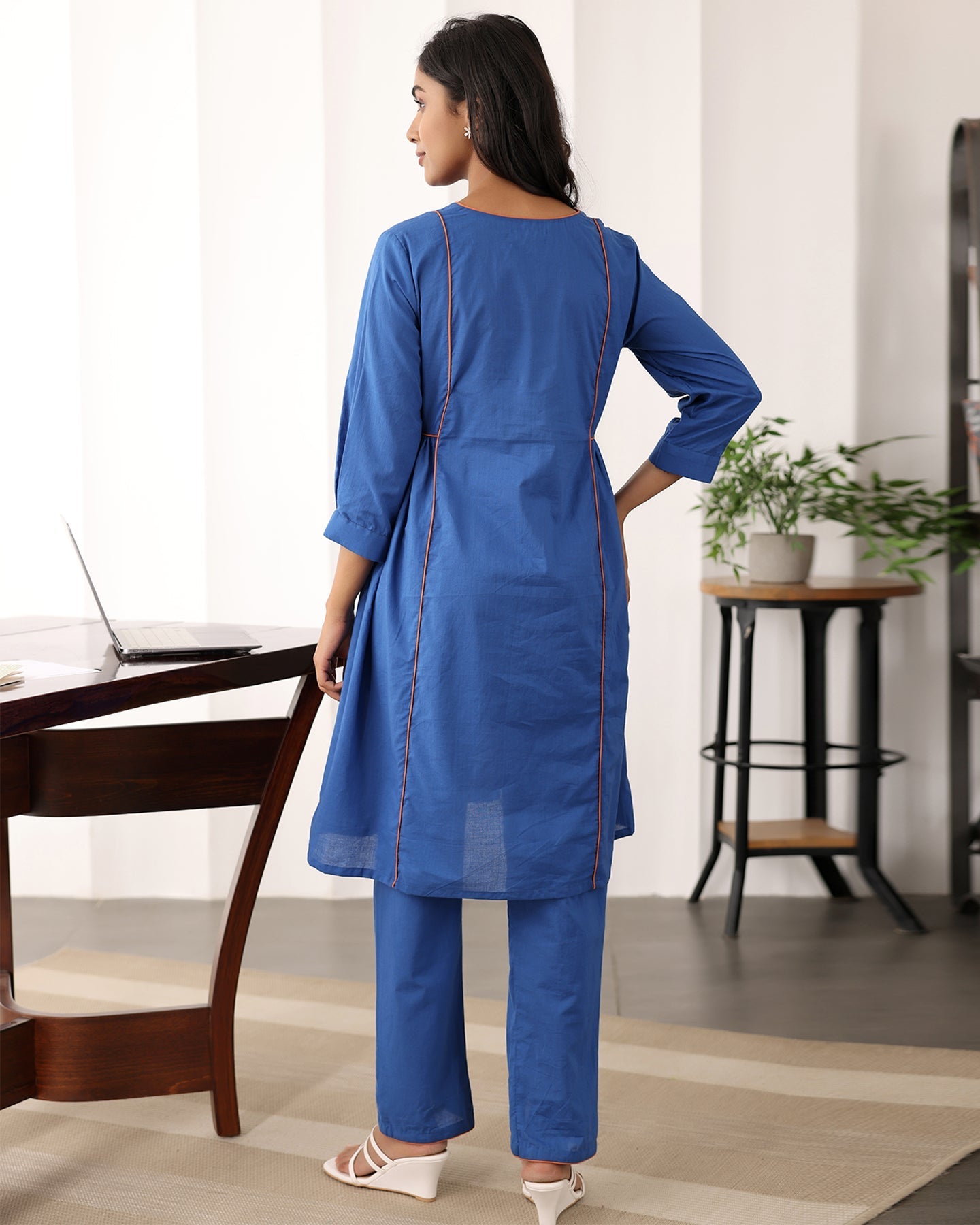 A-line Collar Blue Kurta Set