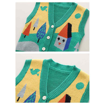3pcs Green Village Theme Cardigan, Shirt and matching Pants set for Toddlers and Kids