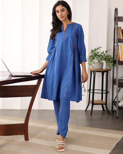 A-line Collar Blue Kurta Set