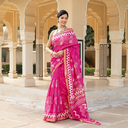 Pink Bagru Chanderi Saree