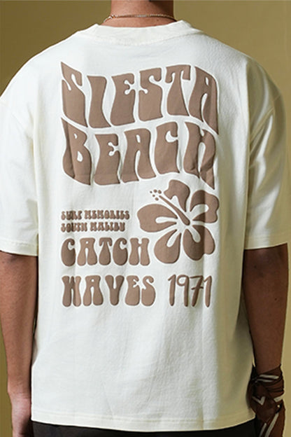 Siesta Beach Printed Oversized Beige T-Shirt Main Character