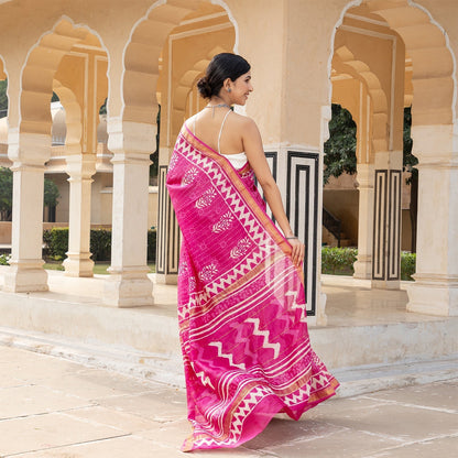 Pink Bagru Chanderi Saree