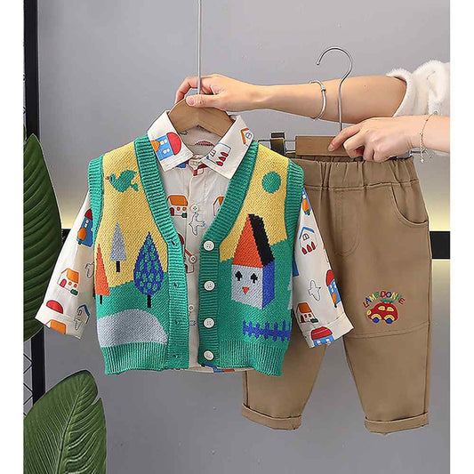 3pcs Green Village Theme Cardigan, Shirt and matching Pants set for Toddlers and Kids