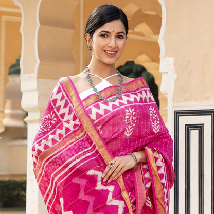 Pink Bagru Chanderi Saree