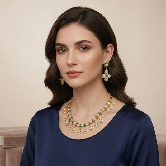 Gold And Green Kundan Emerald Statement Necklace Set For Women
