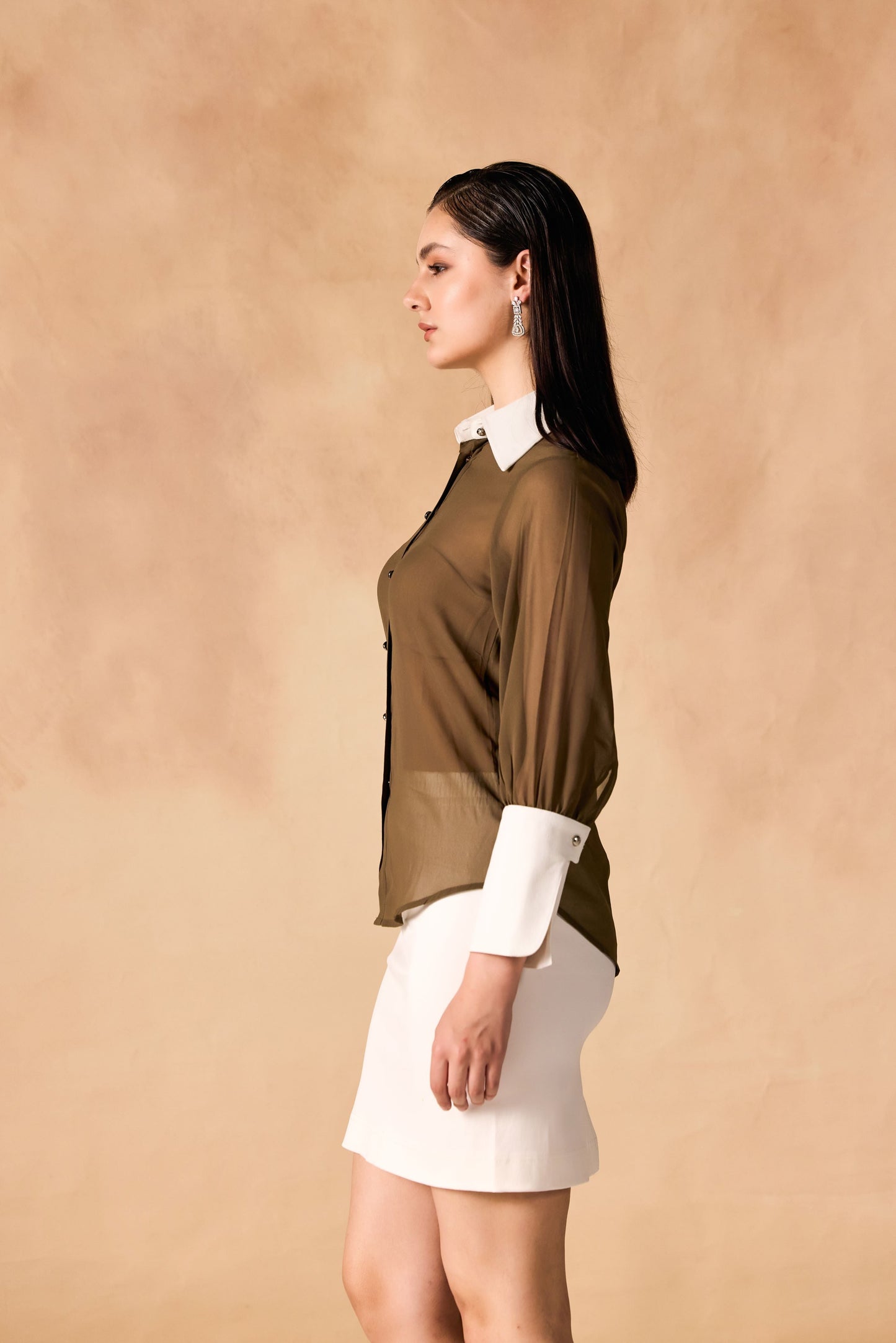 Button-Up Contrast Trim Georgette Sheer Shirt