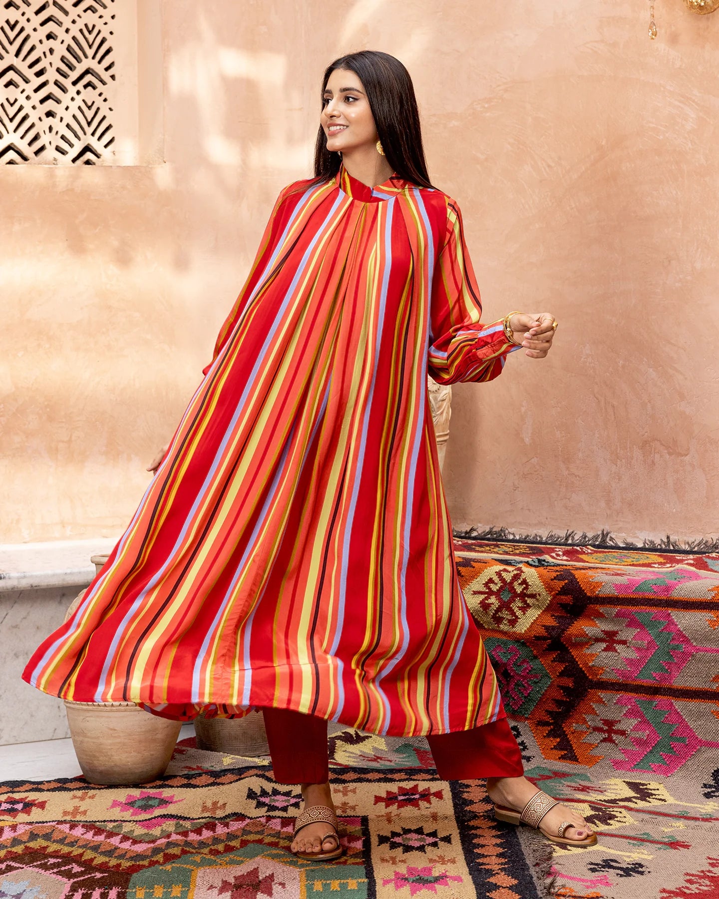 Red Striped Kurta Set