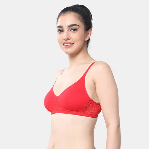 Red t shirt lace bra Envie non wired non padded 3/4th coverage seamless lace bra invisible under clothes daily wear