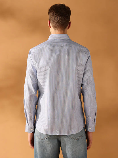 Blue Regular Fit Stripes Formal Shirt for Men (OVULO)