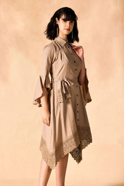 Handkerchief Hem Sash-Tie Belt Linen Shirtdress