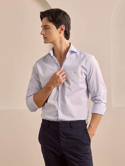 White Slim Fit Striped Formal Poplin Shirt for Men (LIVAN)