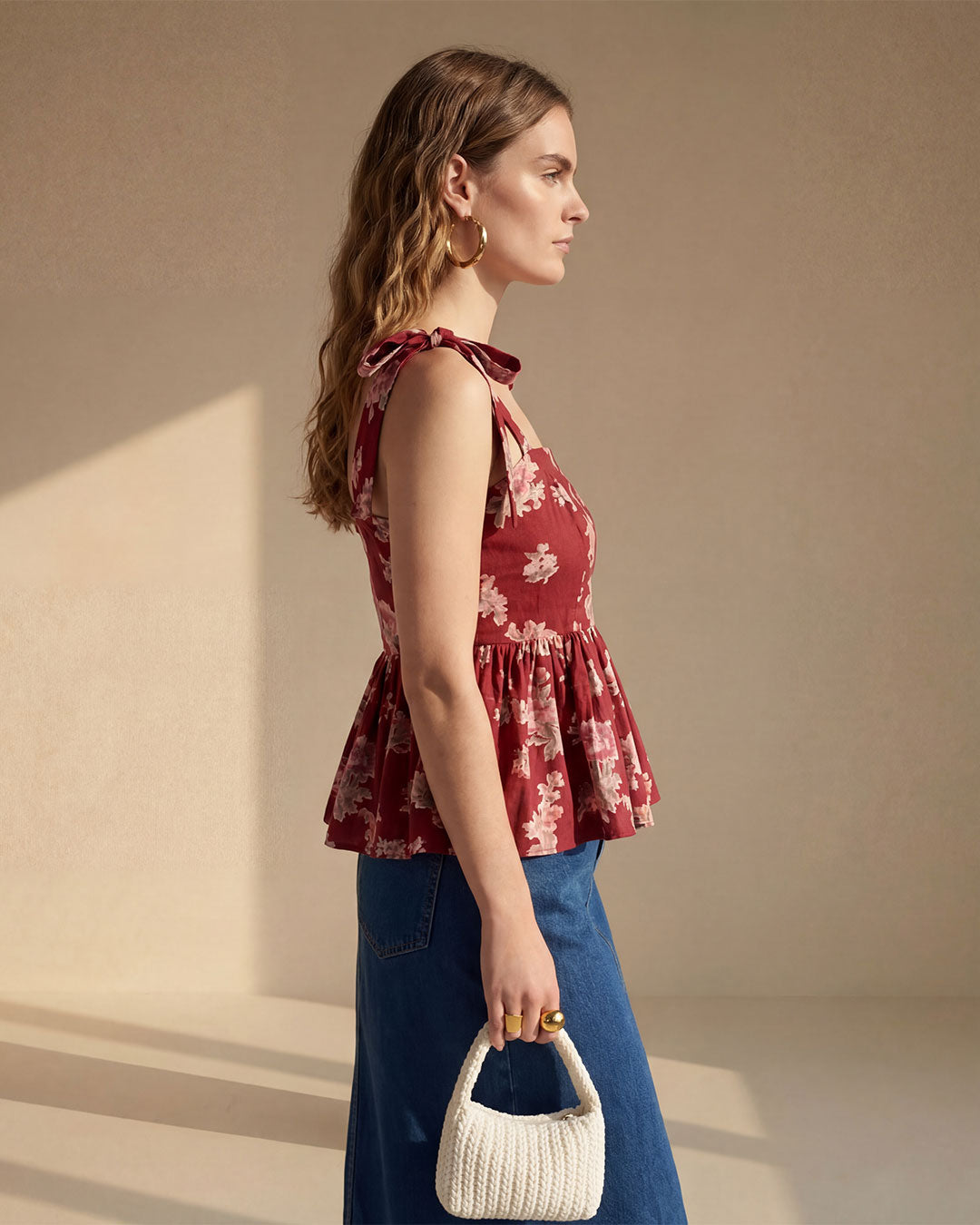 Red Floral Cotton Peplum Top