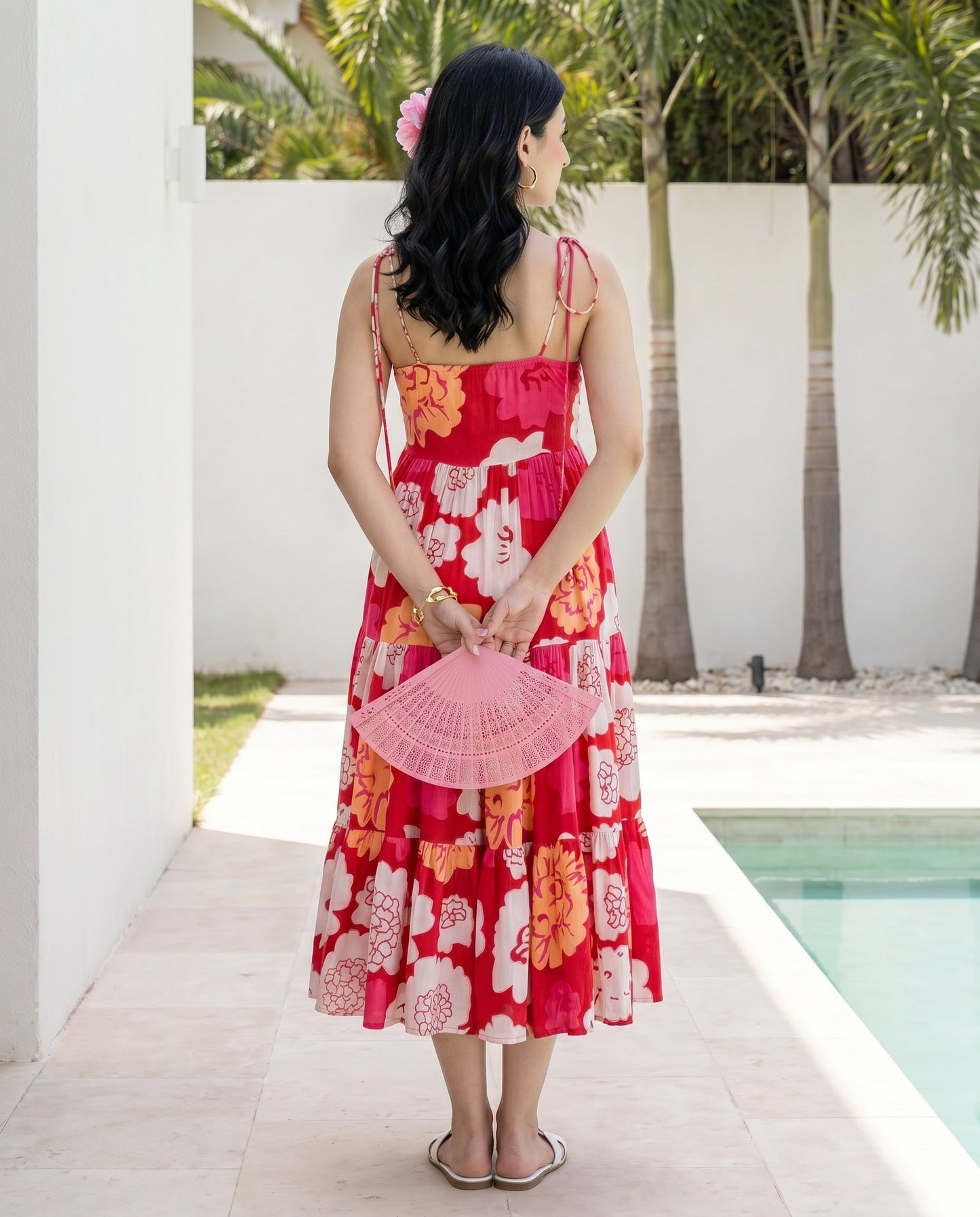 Red Animated Floret Tiered Dress