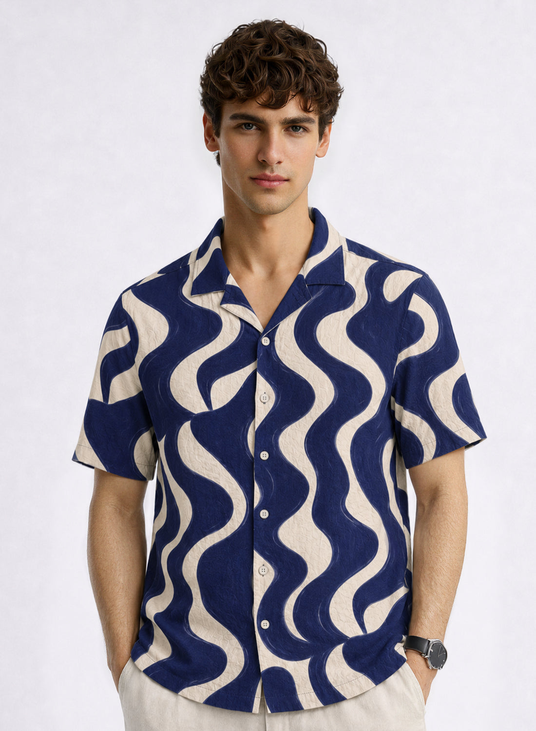 Adro Indigo Wave Relaxed Fit Cuban Collar Cotton Nylon Printed Shirt