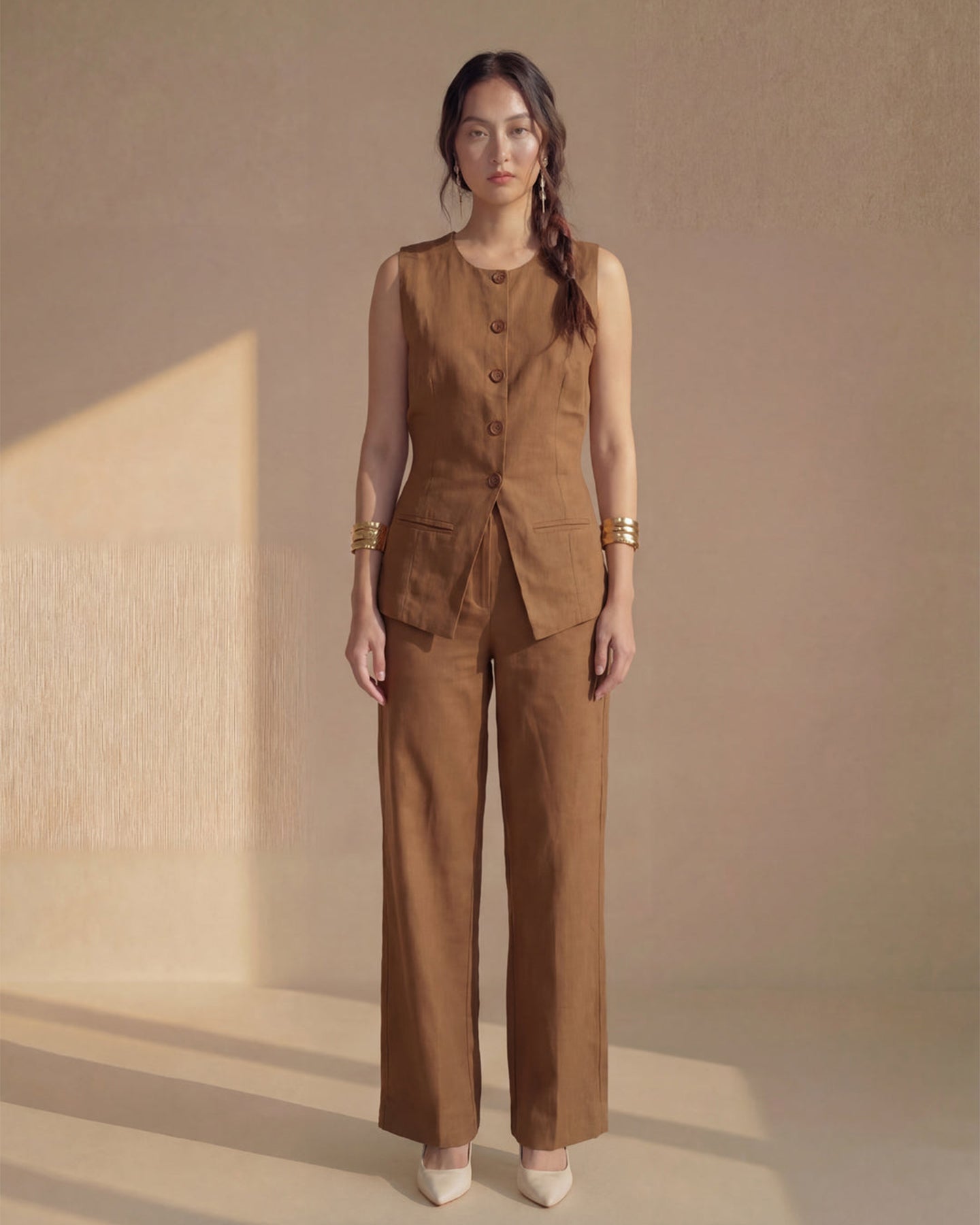 Brown Vest Linen Co-ord Set
