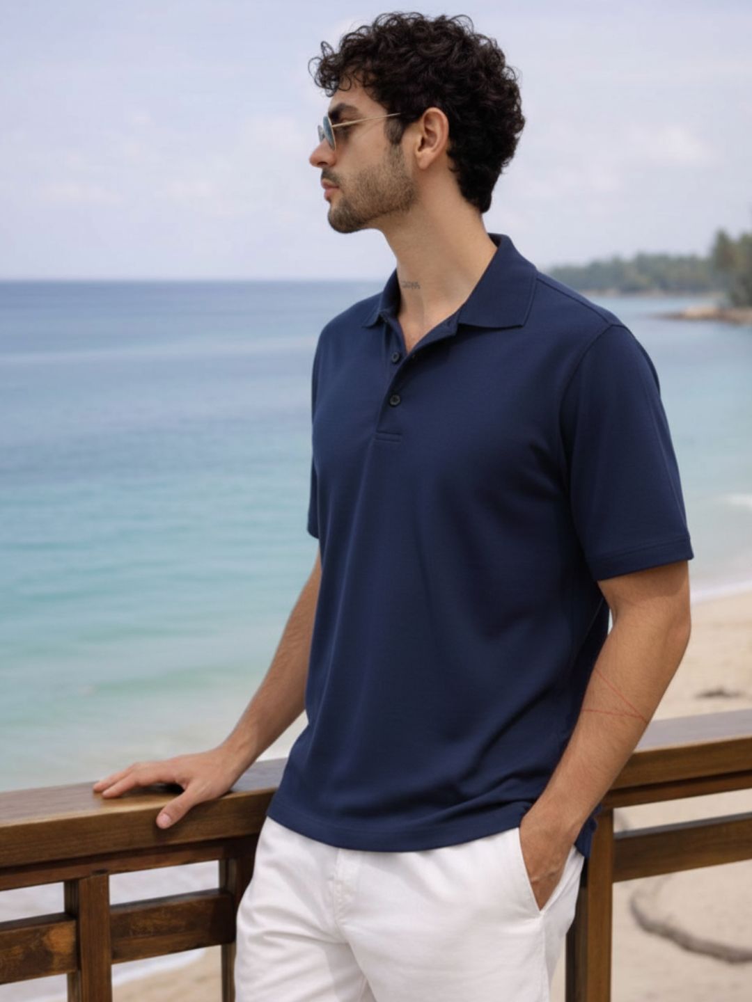 Men Solid Navy Blue Cotton Polo Collar Half Sleeve Regular Fit T-Shirt