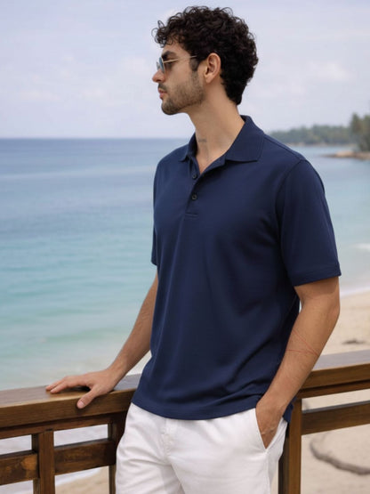 Men Solid Navy Blue Cotton Polo Collar Half Sleeve Regular Fit T-Shirt