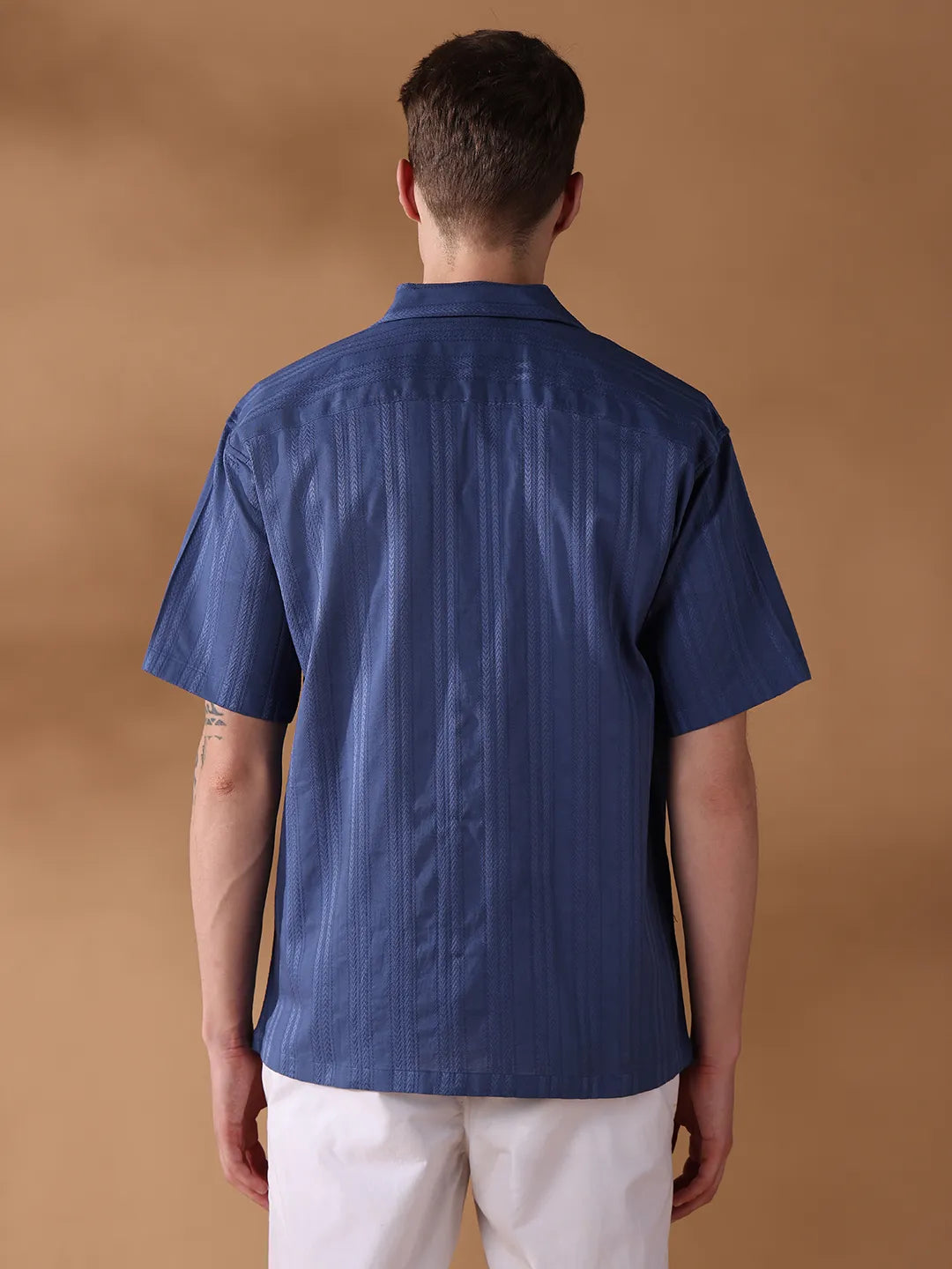 Navy Blue Regular Fit Stripes Casual Shirt for Men (NAZAR)