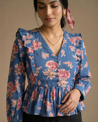Blue Floral Peplum Top