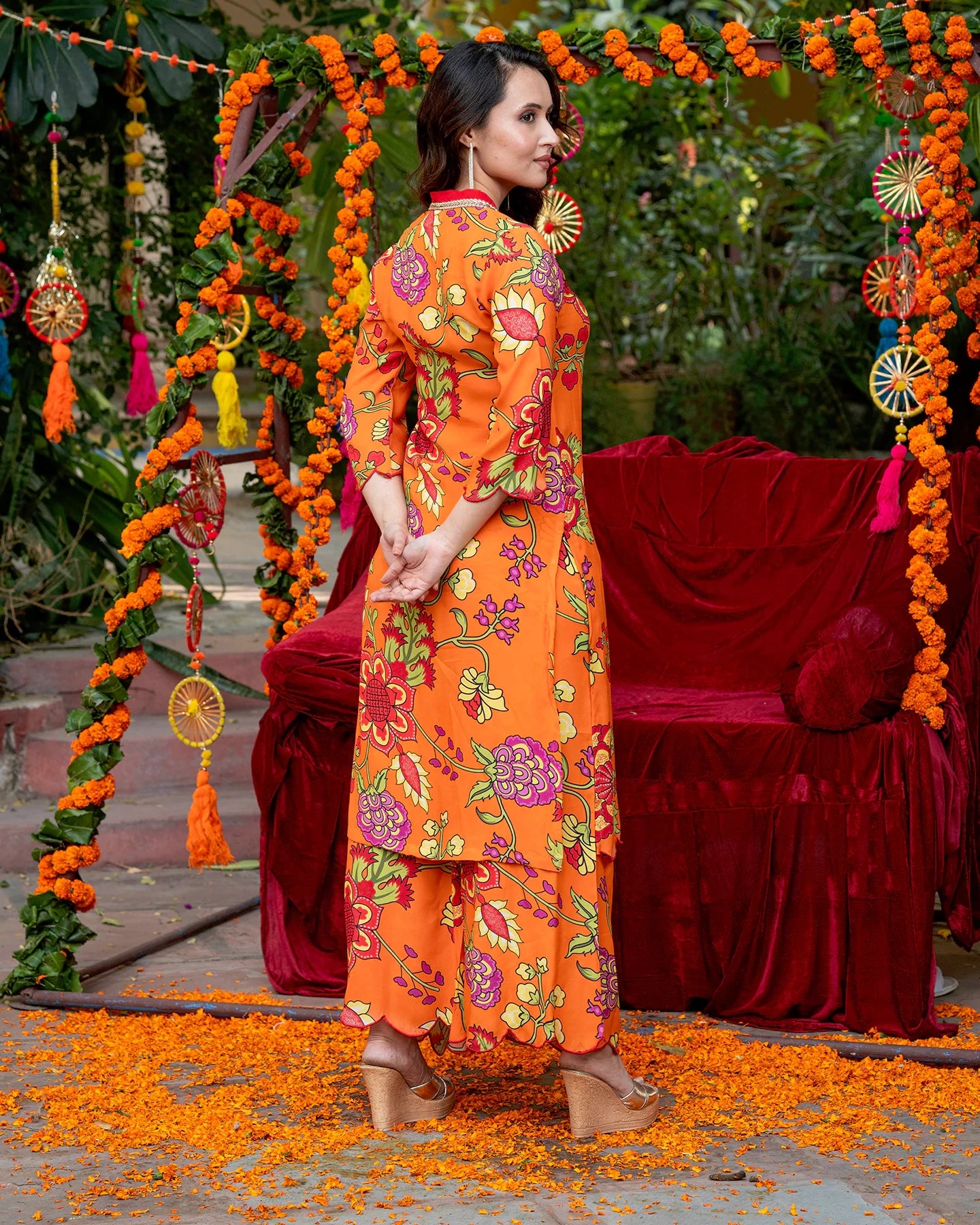 Orange Floral-Stroked Kurta Set